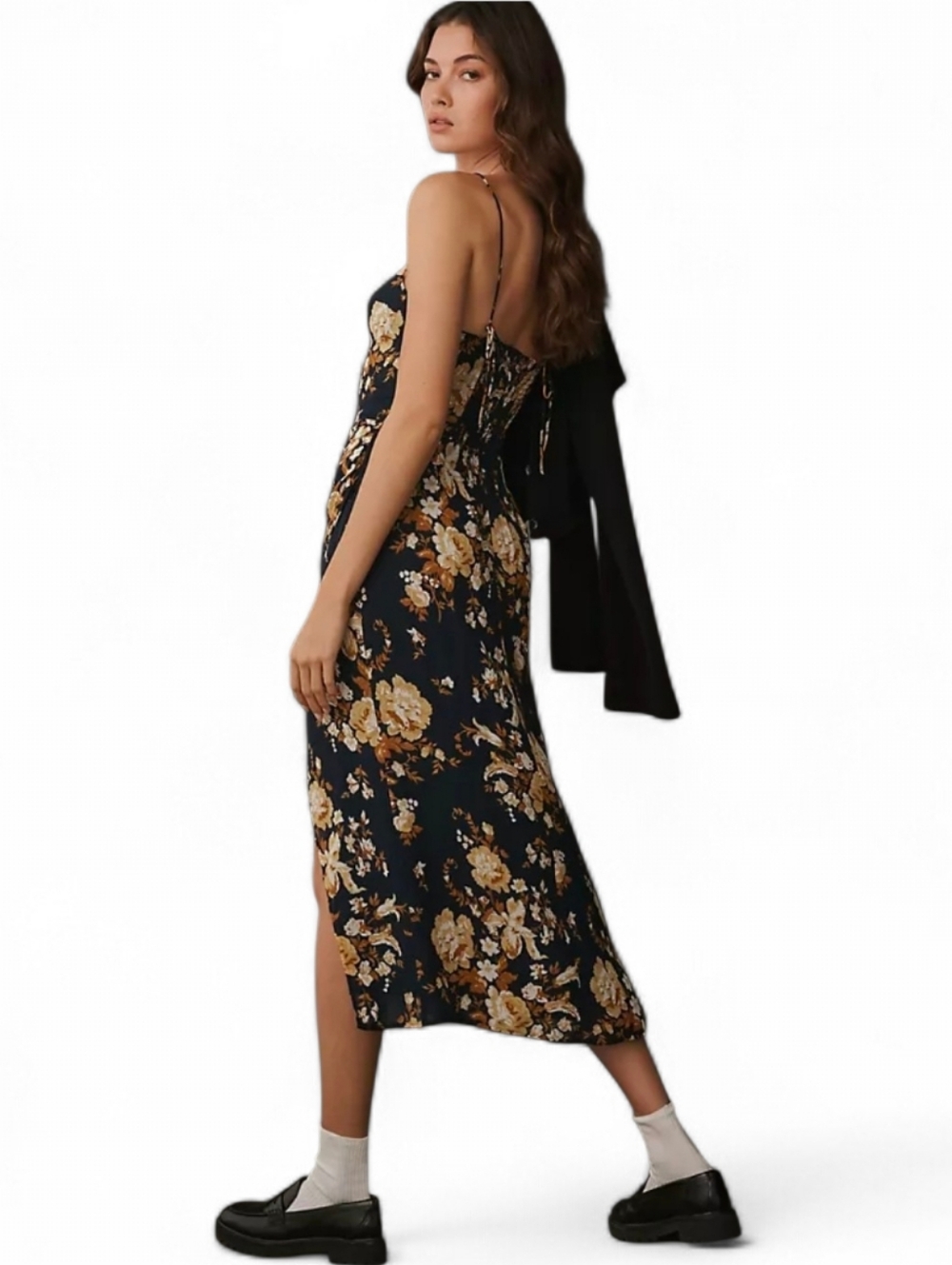 Reformation Black Floral Midi Slip Dress with Gold and Cream Blooms - Picture 4 of 11